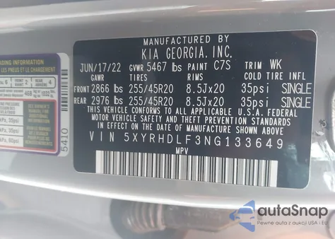 2022 Kia Sorento X-Line Ex z USA, uszkodzony, nr VIN 5XYRHDLF3NG133649